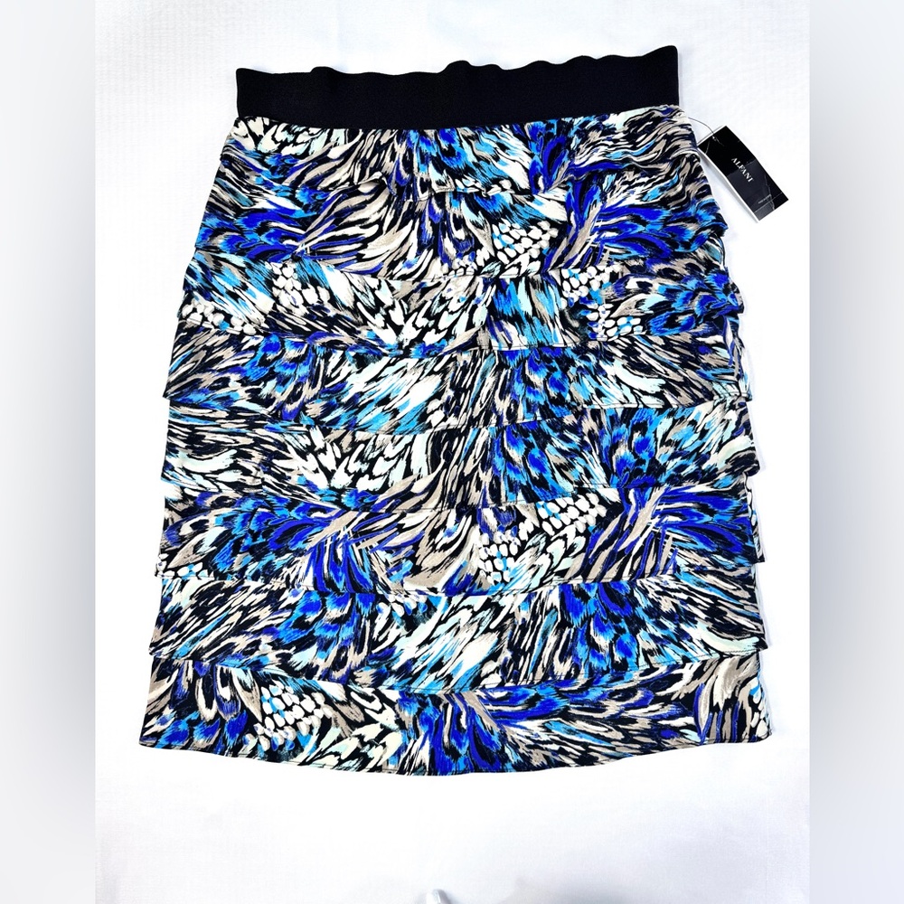 Alfani Blue Feather Print Tiered Ruffle Skirt Pull On A Line Size 10